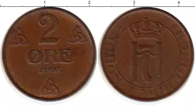 Монета 2 эре Норвегии 1937 года Бронза Хокон VII