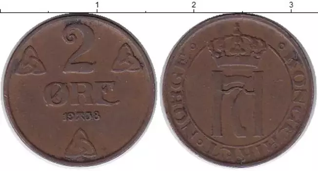 Монета 2 эре Норвегии 1938 года Бронза Хаакон VII