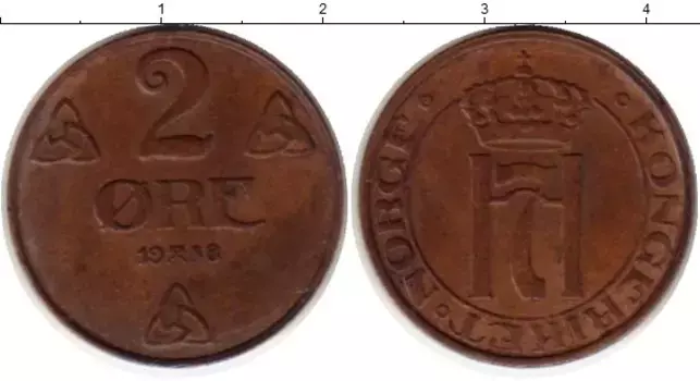 Монета 2 эре Норвегии 1938 года Бронза Хокон VII