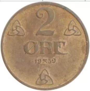 Монета 2 эре Норвегии 1939 года Бронза Хакон VII