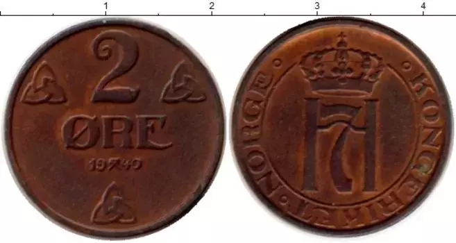 Монета 2 эре Норвегии 1940 года Бронза Хокон VII