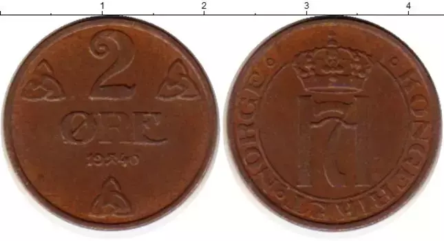 Монета 2 эре Норвегии 1940 года Бронза Хокон VII