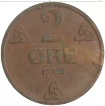 Монета 2 эре Норвегии 1942 года Бронза Хокон VII