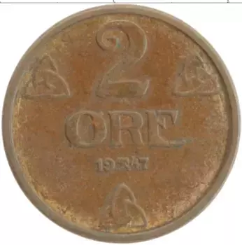 Монета 2 эре Норвегии 1947 года Бронза Хокон VII