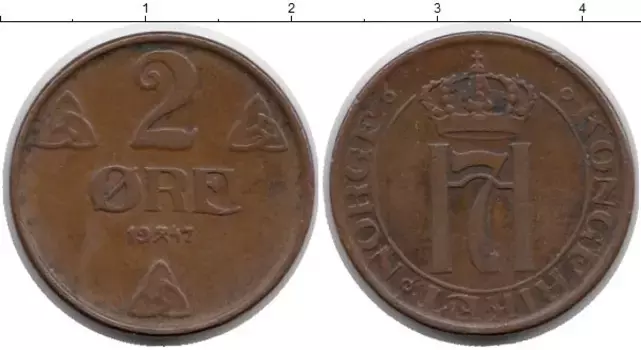 Монета 2 эре Норвегии 1947 года Бронза Хокон VII