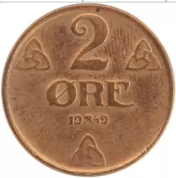 Монета 2 эре Норвегии 1949 года Бронза Хокон VII