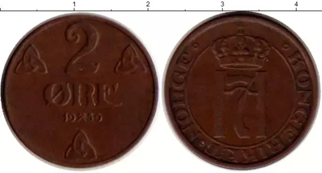 Монета 2 эре Норвегии 1950 года Бронза Хокон VII