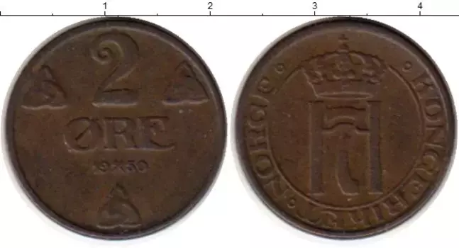 Монета 2 эре Норвегии 1950 года Бронза Хокон VII