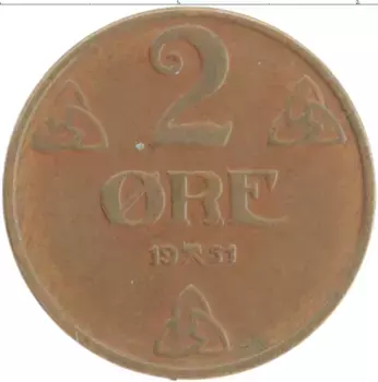 Монета 2 эре Норвегии 1951 года Бронза Хокон VII