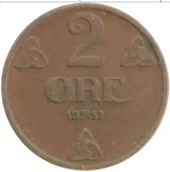 Монета 2 эре Норвегии 1952 года Бронза Хакон VII