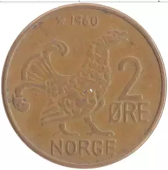 Монета 2 эре Норвегии 1960 года Бронза Улаф V