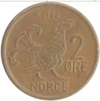 Монета 2 эре Норвегии 1966 года Бронза Улаф V