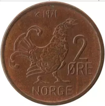 Монета 2 эре Норвегии 1971 года Бронза Улаф V