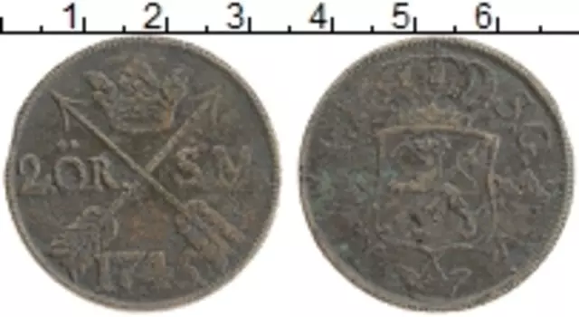 Монета 2 эре Швеции 1745 года Медь Фредрик I