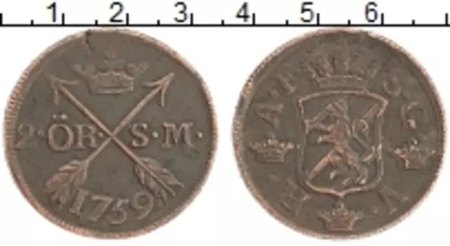 Монета 2 эре Швеции 1759 года Медь Адольф Фредрик