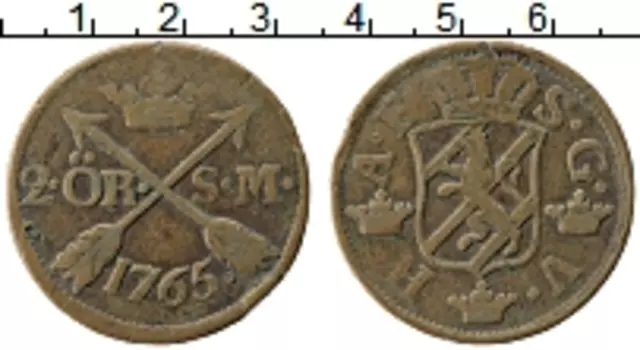 Монета 2 эре Швеции 1765 года Медь Адольф Фредрик