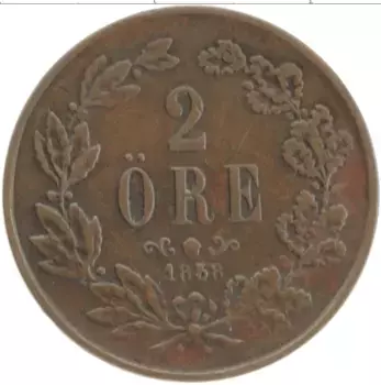 Монета 2 эре Швеции 1858 года Бронза Оскар I