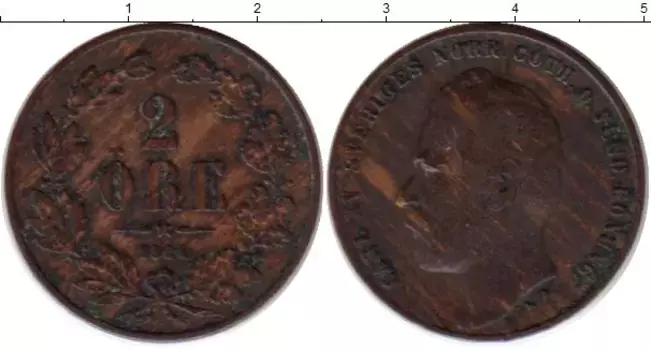 Монета 2 эре Швеции 1864 года Бронза Карл XV
