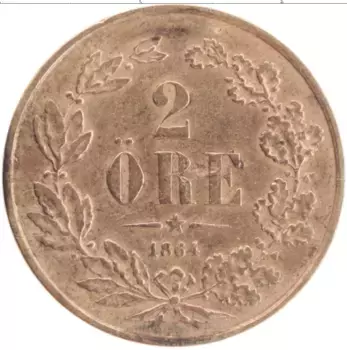 Монета 2 эре Швеции 1864 года Медь Карл XV