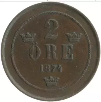 Монета 2 эре Швеции 1874 года Бронза Оскар II