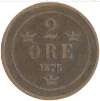 Монета 2 эре Швеции 1875 года Бронза Оскар II