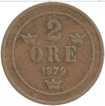 Монета 2 эре Швеции 1879 года Бронза Оскар II