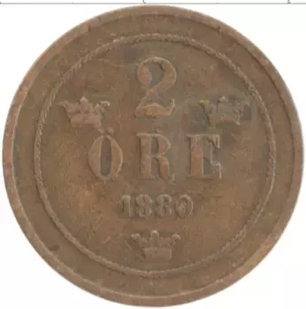 Монета 2 эре Швеции 1880 года Бронза Оскар II