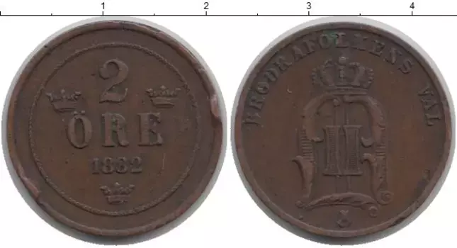 Монета 2 эре Швеции 1882 года Медь