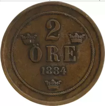 Монета 2 эре Швеции 1884 года Медь Оскар II