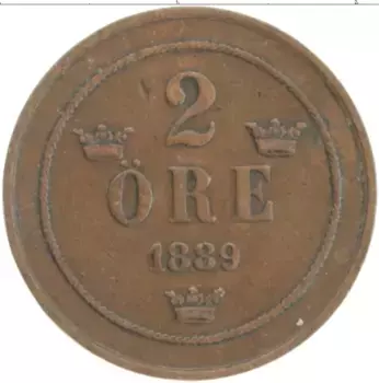 Монета 2 эре Швеции 1889 года Бронза Оскар II