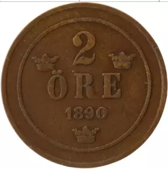 Монета 2 эре Швеции 1890 года Бронза Оскар II