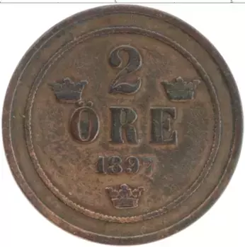 Монета 2 эре Швеции 1897 года Бронза Оскар II