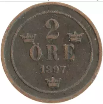 Монета 2 эре Швеции 1897 года Бронза Оскар II