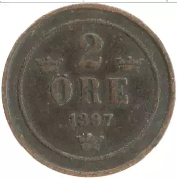 Монета 2 эре Швеции 1897 года Бронза Оскар II