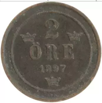 Монета 2 эре Швеции 1897 года Бронза Оскар II