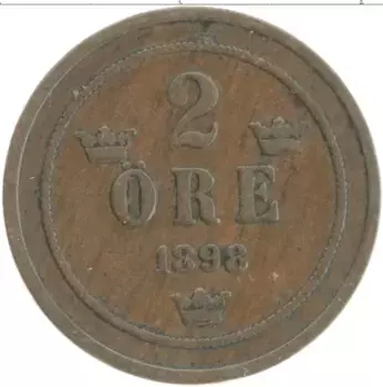 Монета 2 эре Швеции 1898 года Бронза Оскар II