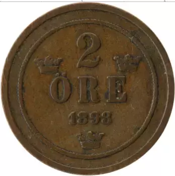 Монета 2 эре Швеции 1898 года Медь Оскар II