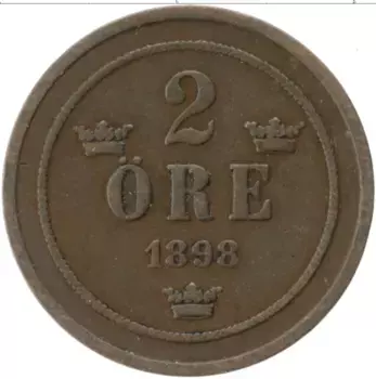 Монета 2 эре Швеции 1898 года Медь Оскар II