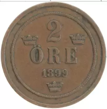 Монета 2 эре Швеции 1899 года Бронза Оскар II
