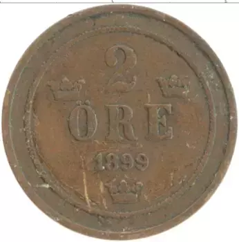 Монета 2 эре Швеции 1899 года Бронза Оскар II