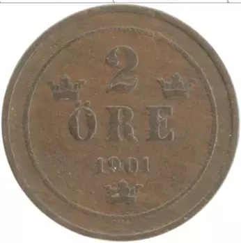 Монета 2 эре Швеции 1901 года Бронза Оскар II