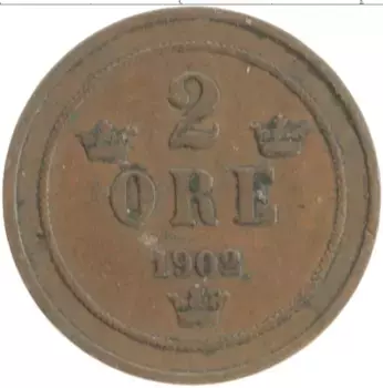 Монета 2 эре Швеции 1902 года Бронза Оскар II