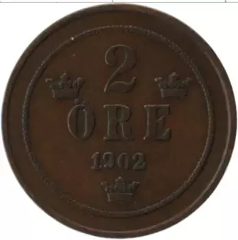 Монета 2 эре Швеции 1902 года Медь Оскар II