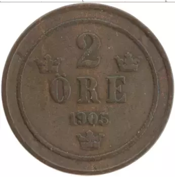 Монета 2 эре Швеции 1905 года Бронза Оскар II