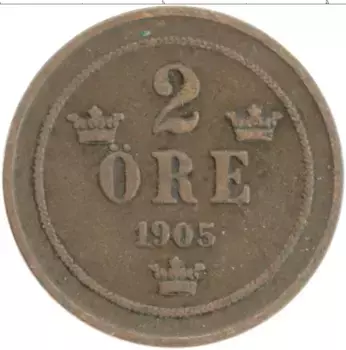 Монета 2 эре Швеции 1905 года Бронза Оскар II