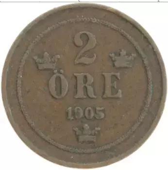 Монета 2 эре Швеции 1905 года Бронза Оскар II