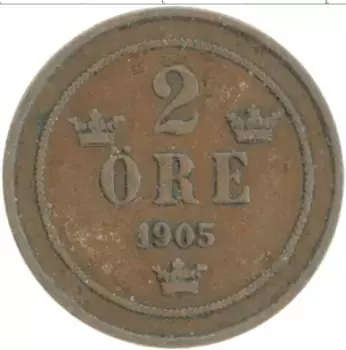 Монета 2 эре Швеции 1905 года Бронза Оскар II