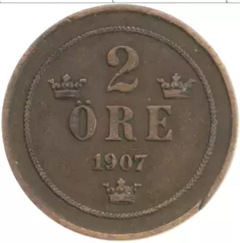 Монета 2 эре Швеции 1907 года Бронза Оскар II