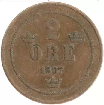 Монета 2 эре Швеции 1907 года Бронза Оскар II