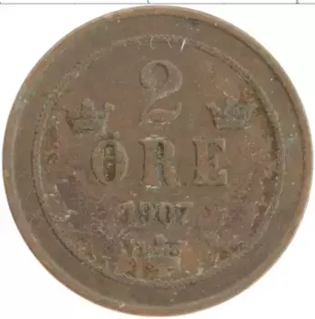 Монета 2 эре Швеции 1907 года Бронза Оскар II